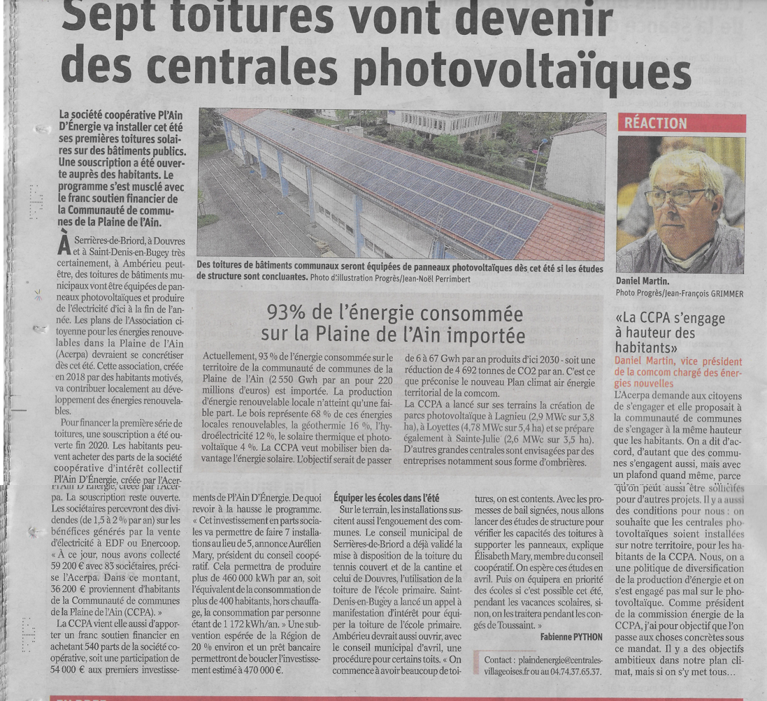 Article du Progrès sur Pl'Ain d'Energie