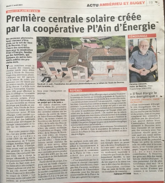Article du Progrès première installation Pl'Ain d'Energie à Douvres